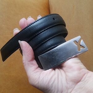 Vintage Paloma Picasso Black Leather Skinny Belt Silver X Buckle Made In Italy